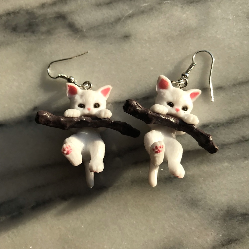 White Cat Dangling Earrings with Pink Accents - Cute Animal Jewelry